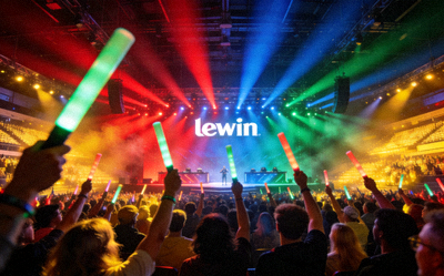 lewin乐玩电竞赛事现场，观众们热情欢呼，灯光璀璨